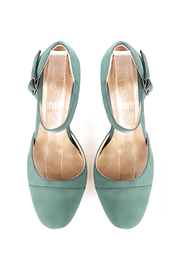 Women's mint green elegant closed-back heels, with an instep strap. Round toe. High block heels - Top view